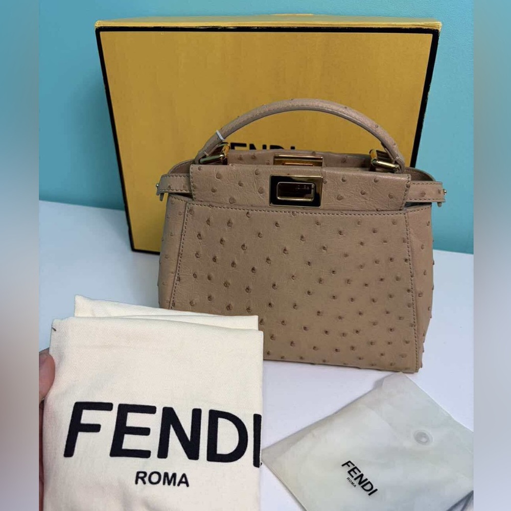 Fendi Mini Peekaboo in Beige Ostrich leather with Gold Accents - Picture 11 of 11